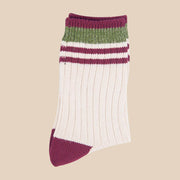 Mid-Calf Socks- Cream/Khaki, Striped Cuff