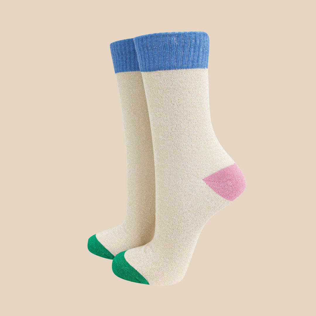 Glitter Socks - Cream/Denim Blue, Pink & Green