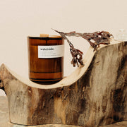 A medium amber soy candle with a white label, named 'waterside', displayed on a natural wooden platform with seaweed and driftwood accents.